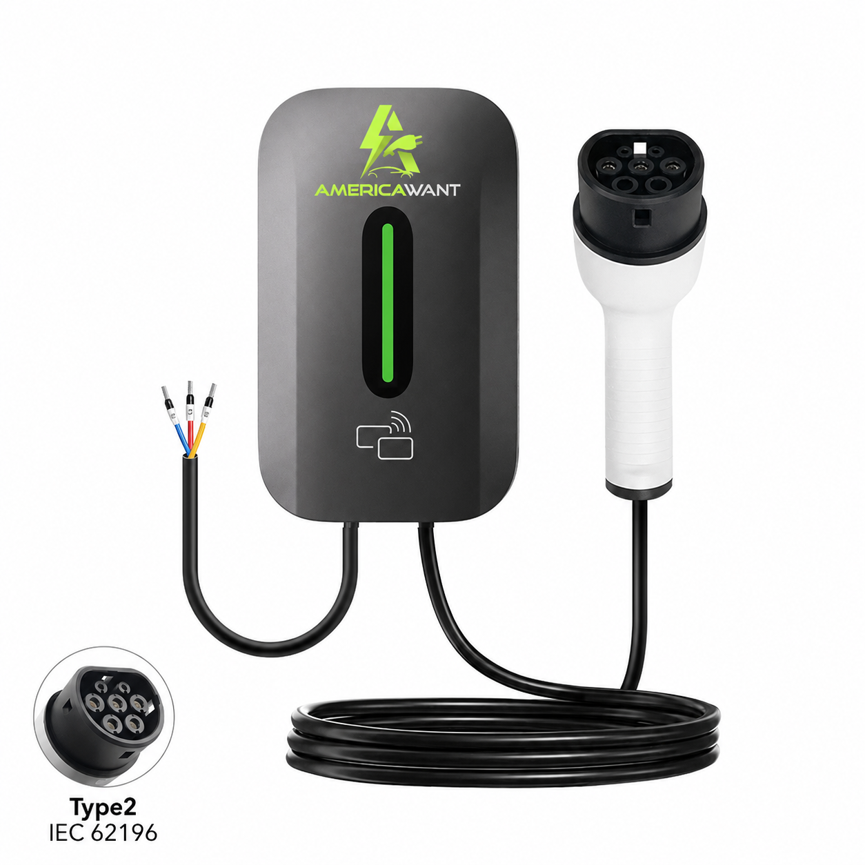 Cargador de pared AmericaWant con franja luminosa verde, conector Tipo 2 y cable enrollado