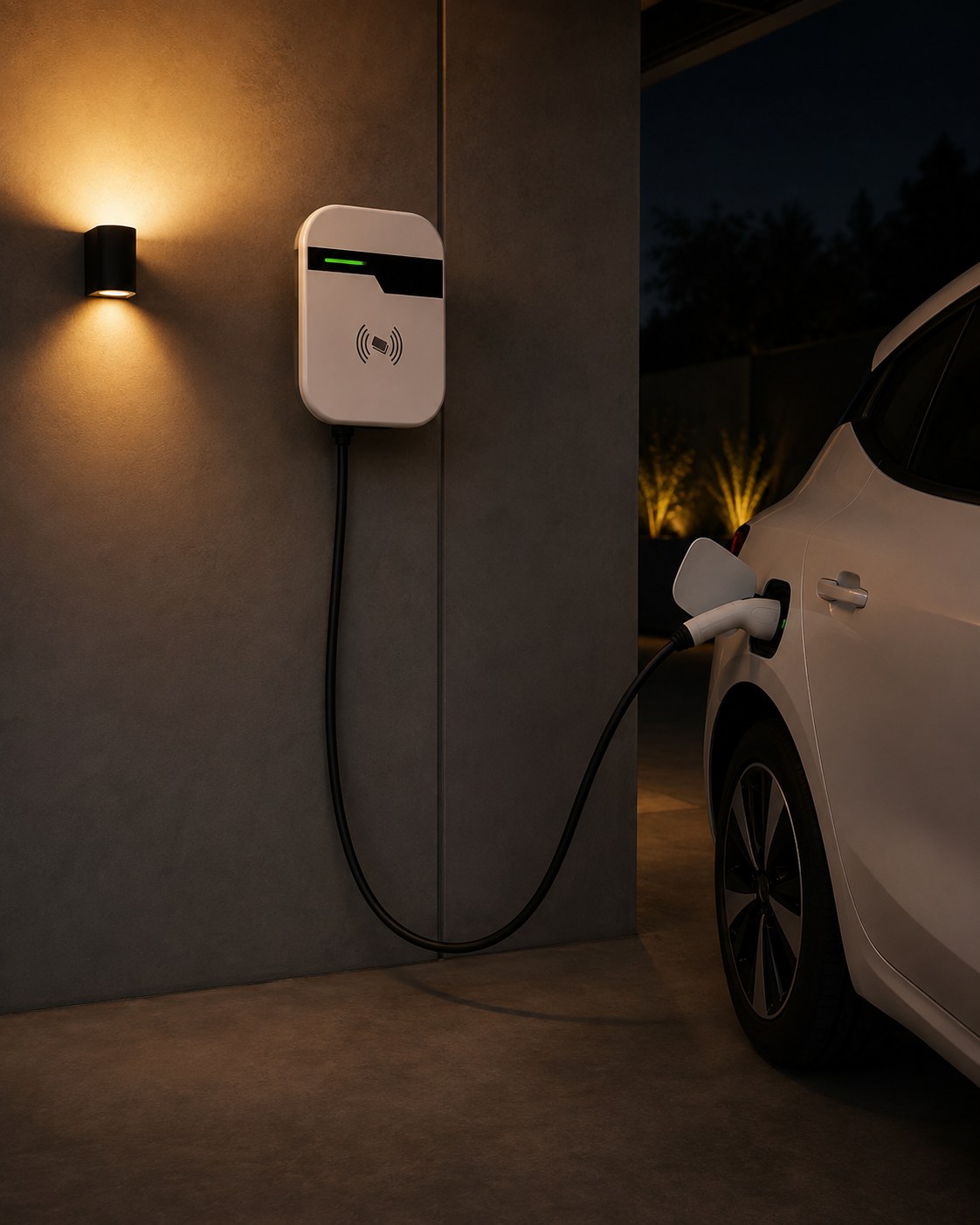 Cargador de pared en una cochera con un auto el&eacute;ctrico blanco enchufado de noche