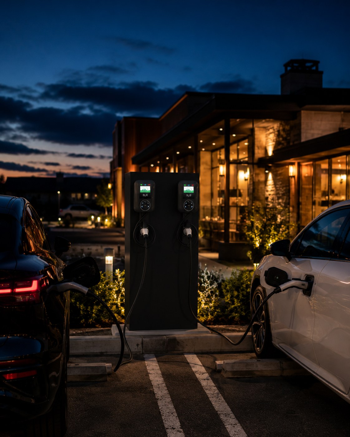 Dos cargadores en el estacionamiento de un restaurán al anochecer con dos autos eléctricos enchufados