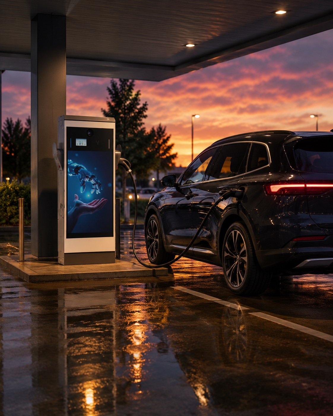 Estación de carga rápida bajo una marquesina al atardecer con una camioneta eléctrica cargando